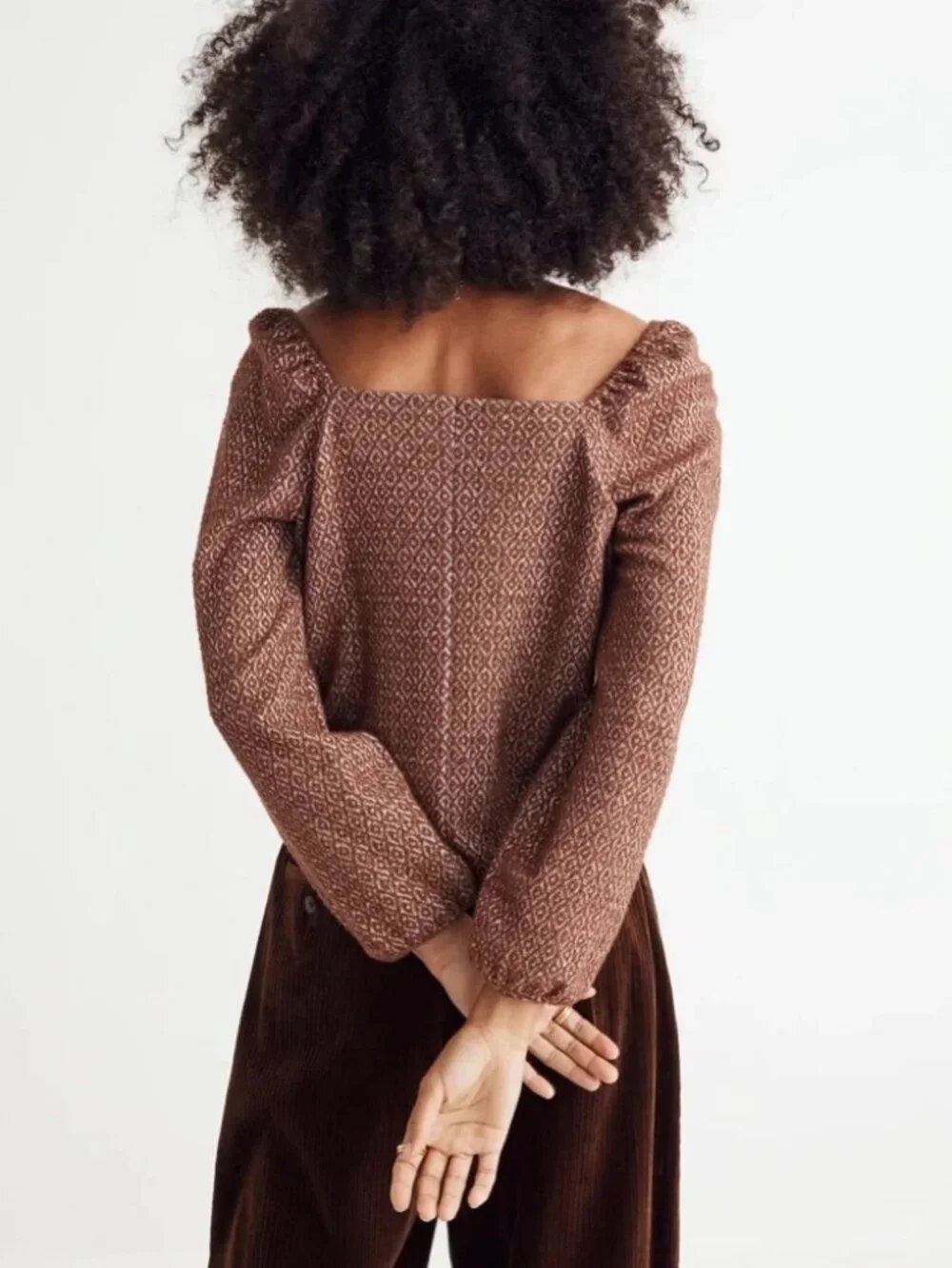 Madewell Brown Jacquard Puff-Sleeve Crop Top Size Medium - NWOT